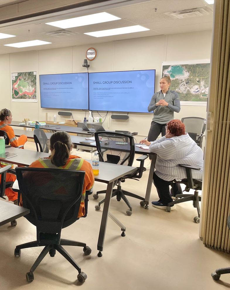 Brianne Jenner addresses employees at Rainy River Mine